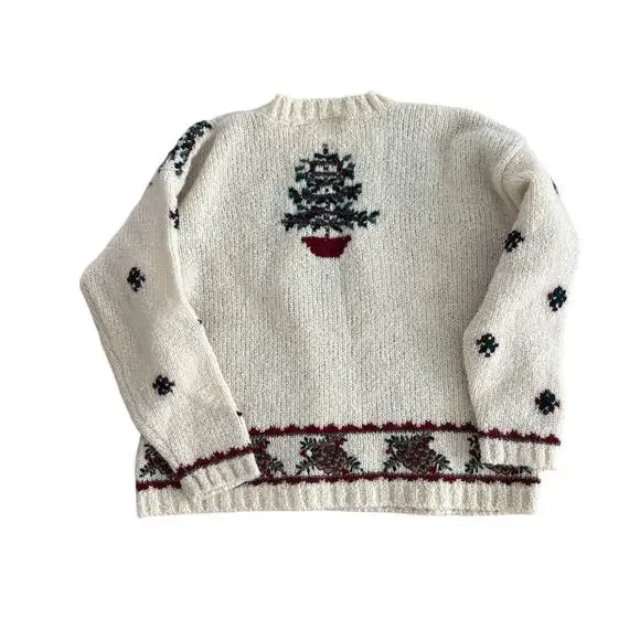 Talbots Wool Christmas Sweater Trees & Pinecones Petite PS